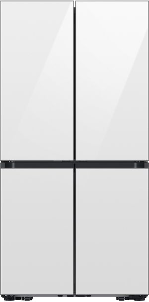 Front view of the Samsung Bespoke 36" 22.8 Cu. Ft. White Glass 4-Door Counter Depth French Door Refrigerator with Zero Clearance Fit and Food Showcase Door