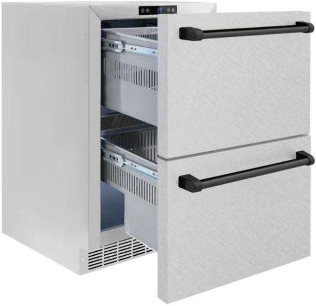 ZLINE Autograph Edition 24" Touchstone 168 Can Outdoor-Rated Dual Refrigerator Drawer with Satin Stainless Steel Doors and Matte Black Handles-2