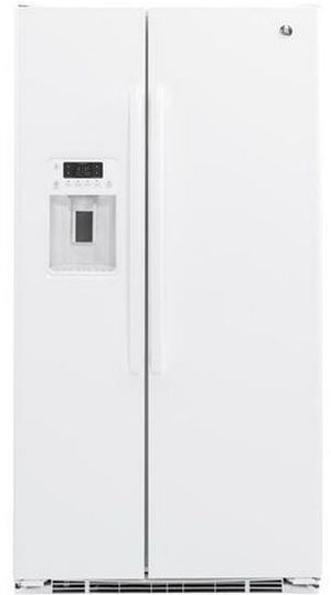 Front view of the GE® 36 in. 21.9 Cu. Ft. White Counter Depth Side By Side Refrigerator