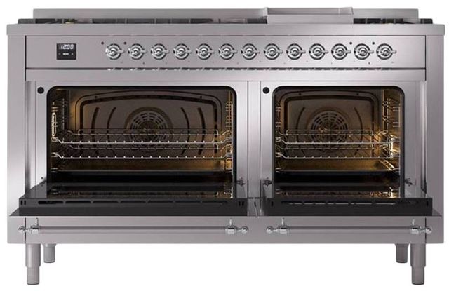 Ilve® Nostalgie II Noblesse 60'' Stainless Steel Pro Style Dual Fuel Range with Chrome Trim-2