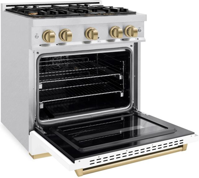 ZLINE Classic Autograph Edition 30" Satin Stainless Steel Pro Style Dual Fuel Range with White Matte Door and Champagne Bronze Accents-3
