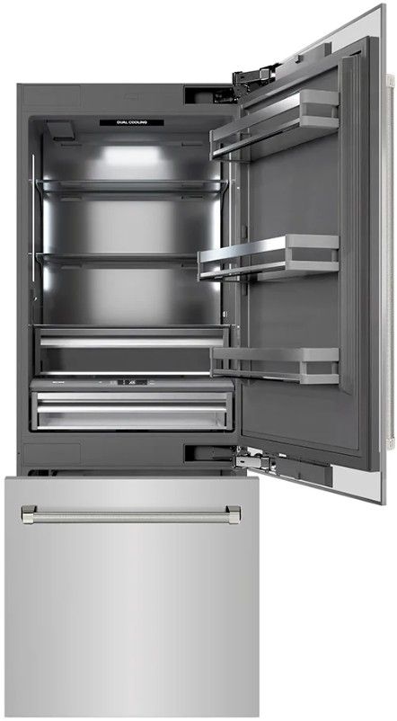 ZLINE Autograph Edition 30" 16.1 Cu. Ft. Stainless Steel Built In Bottom Freezer Refrigerator with Water Dispenser, Ice Maker, Graphite Gray Interior and Polished Nickel Helix Handles-1