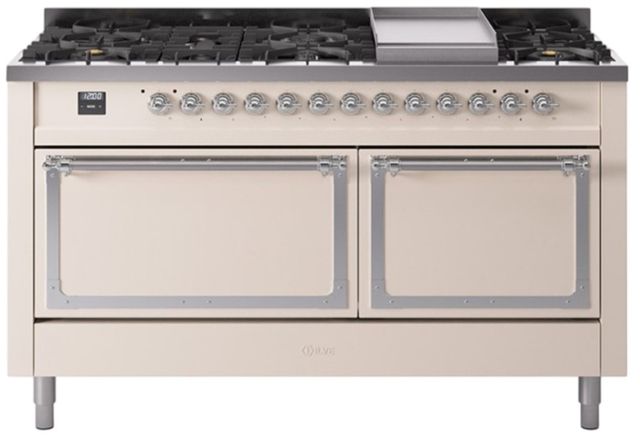 Ilve® Nostalgie II Noblesse 60'' Antique White Pro Style Dual Fuel Range with Chrome Trim-0