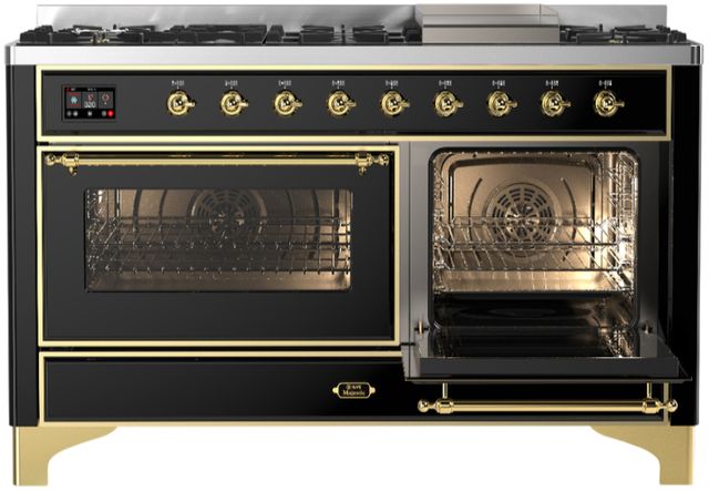 Ilve® Majestic III 60" Glossy Black Pro Style Dual Fuel Liquid Propane Range with Triple Glass Door and Brass Trim-2