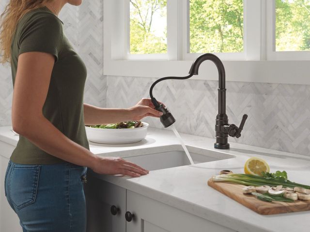 Delta Broderick® Venetian Bronze Touch2O® Bar/Prep Faucet with Touchless Technology-2