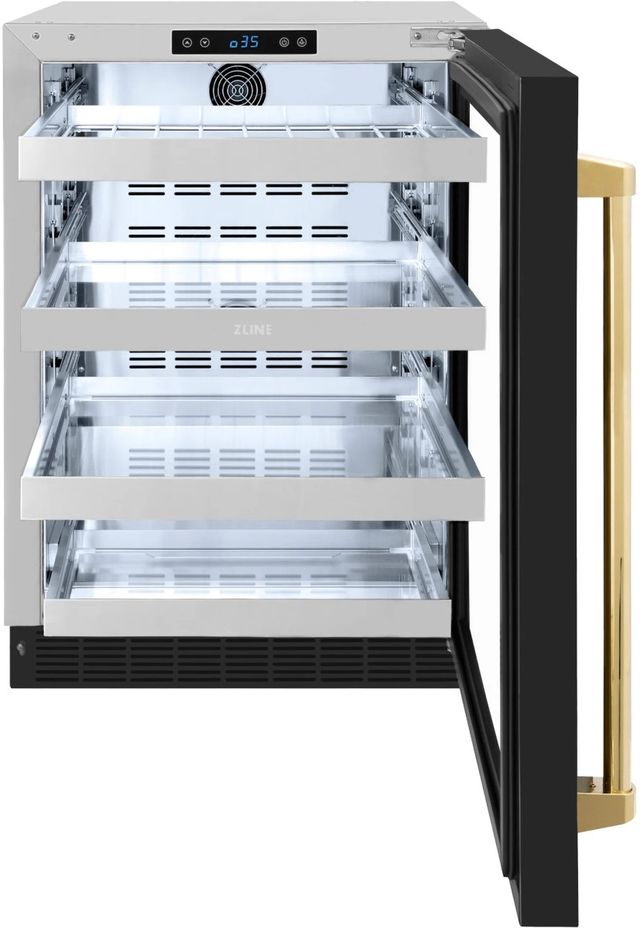 ZLINE Autograph Edition Touchstone 24" 5.2 Cu. Ft. Stainless Steel Beverage Center with Black Matte Glass Door and Polished Gold Handle-1