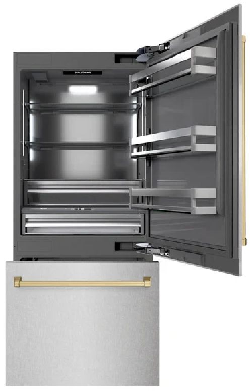 ZLINE Autograph Edition 36" 19.8 Cu. Ft Satin Stainless Steel Built-In Bottom Freezer Refrigerator with Graphite Gray Interior  Champagne Bronze Accents-1