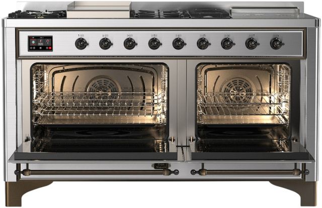 Ilve® Majestic III 60'' Stainless Steel Pro Style Dual Fuel Liquid Propane Range with Solid Door and Burnished Trim-2