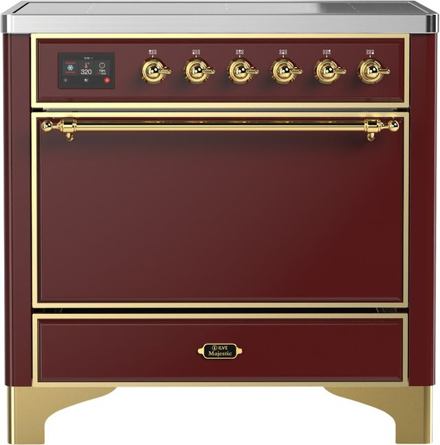 Ilve® Majestic III 36" Burgundy Pro Style Induction Range with Solid Door and Brass Trim-0