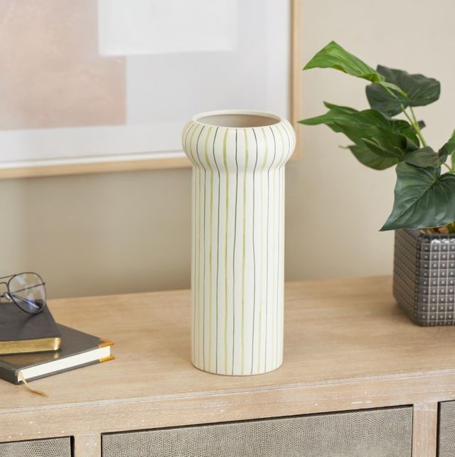 Deco Marche White Vase with Green Linear Patterns-2