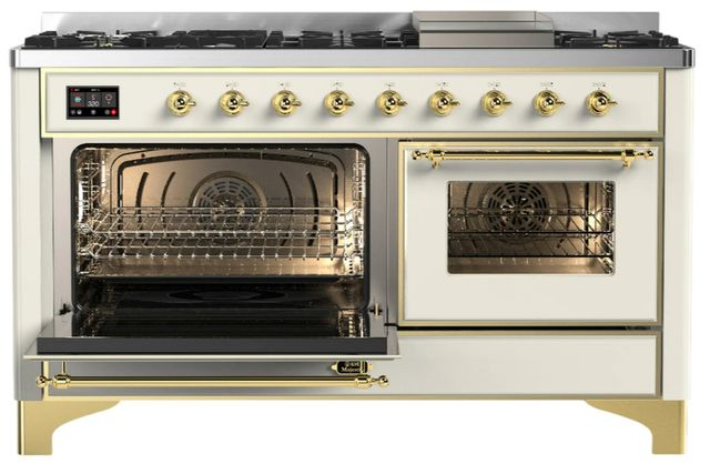 Ilve® Majestic III 60" Antique White Pro Style Dual Fuel Natural Gas Range with Triple Glass Door and Brass Trim-3