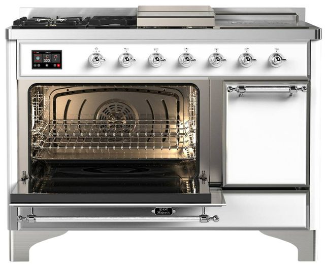 Ilve® Majestic III 48" White Pro Style Dual Fuel Natural Gas Range with Solid Door and Chrome Trim-3