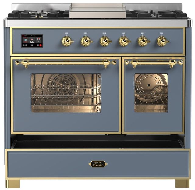 Ilve® Majestic III 40" Blue Gray Pro Style Dual Fuel Liquid Propane Range with Triple Glass Door and Brass Trim-2