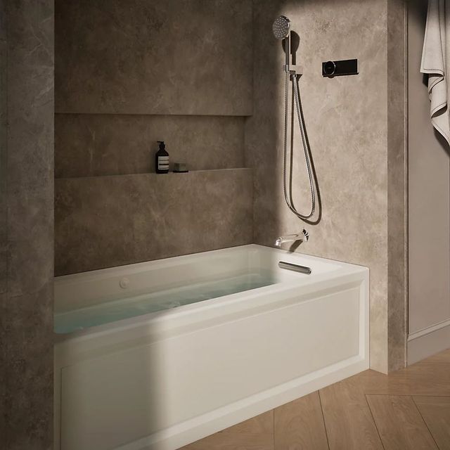 KOHLER® Archer® Biscuit 66" x 32" Alcove Heated BubbleMassage™ Air Bath and Whirlpool - Right Drain-1