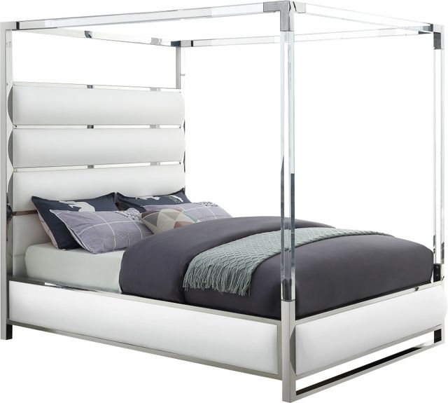 Meridian Furniture Encore White Queen Vegan Leather Upholstered Canopy Bed-0