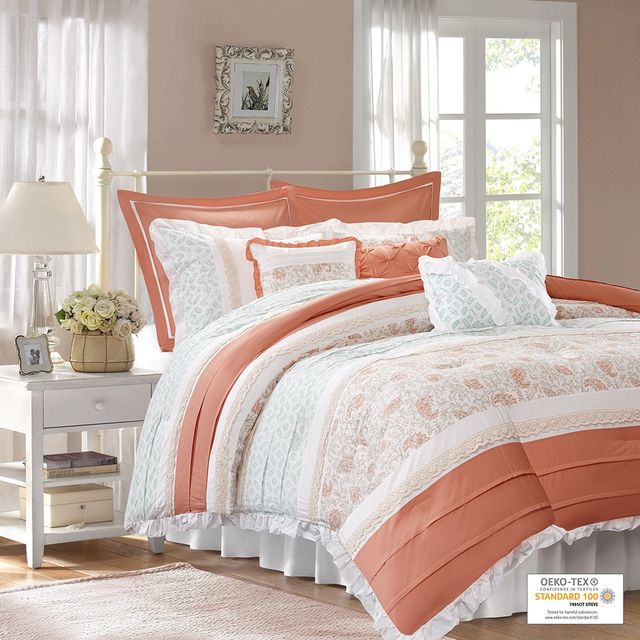 Olliix by Madison Park 9 Piece Coral Queen Dawn Cotton Percale Comforter Set-1
