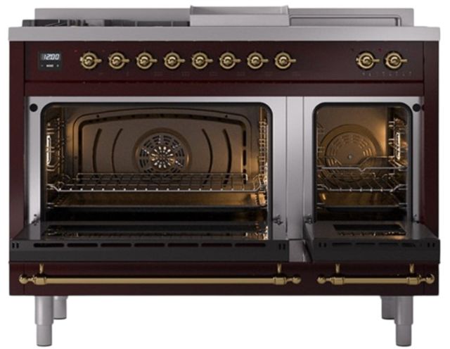 Ilve® Nostalgie II Noblesse 48'' Burgundy Pro Style Dual Fuel Range with Brass Trim-2