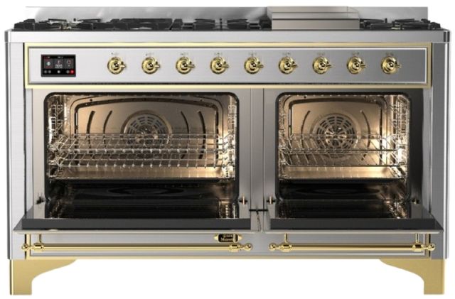 Ilve® Majestic III 60" Stainless Steel Pro Style Dual Fuel Natural Gas Range with Triple Glass Door and Brass Trim-1