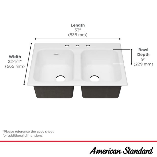 American Standard Quince Brilliant White 33" 3-Hole Drop-In or Undercounter Double-Bowl Kitchen Sink-2