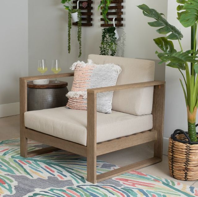 Linon Brinley Beige/Natural Brown Eucalyptus/Fabric Outdoor Arm Chair-1