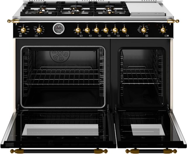 Bertazzoni Heritage Series 48" Fingerprint Resistant Nero Matt Pro Style Dual Fuel Range with Gold Accents-1