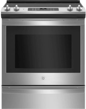 front view of the GE® 30" Stainless Steel Slide In Electric Convection Range