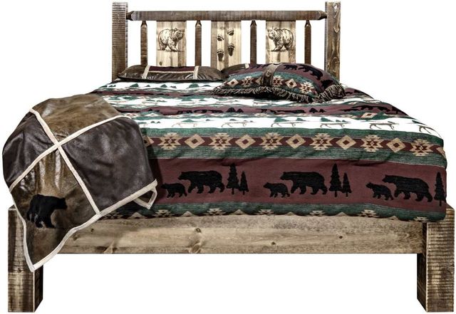 Montana Woodworks® Homestead Stain & Clear Lacquer Queen Platform Bed with Laser Engraved Bear Design-1