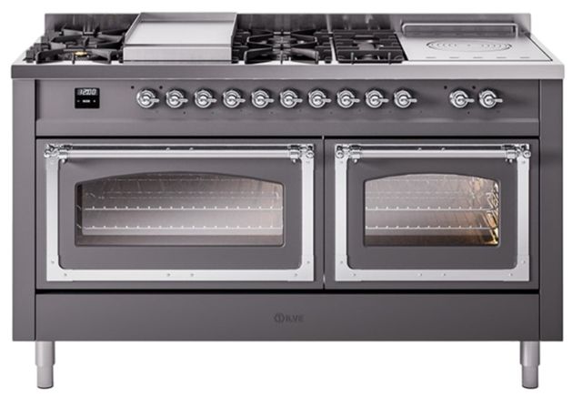 Ilve® Nostalgie II Noblesse 60'' Graphite Matte Pro Style Dual Fuel Range with Chrome Trim-0