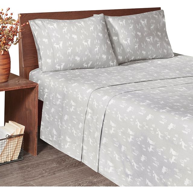 Olliix by Woolrich Grey Moose Queen Flannel Cotton Sheet Set-3