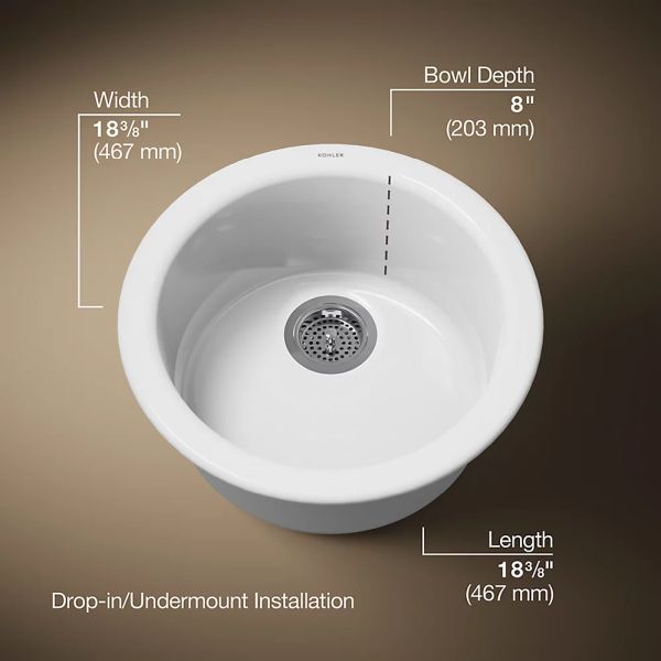 KOHLER® Porto Fino™ White 19" Top/Undermount Single-Bowl Bar Sink-2