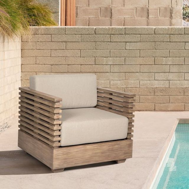 Armen Living Vivid Brown/Taupe Fabric/Wood Outdoor Chair -1
