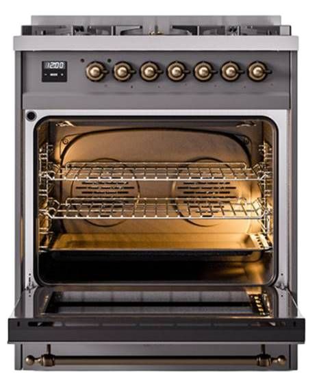 Ilve® Nostalgie II Noblesse 30" Graphite Matte Pro Style Dual Fuel Range with Burnished Trim-2