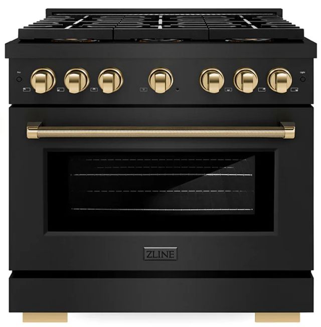 ZLINE Autograph Edition Paramount 36" 5.2 Cu. Ft. Black Stainless Steel Gas Range with 6 Burner DuoPro™ Cooktop and Convection Gas Oven with Polished Gold Helix Handle and Accents-0