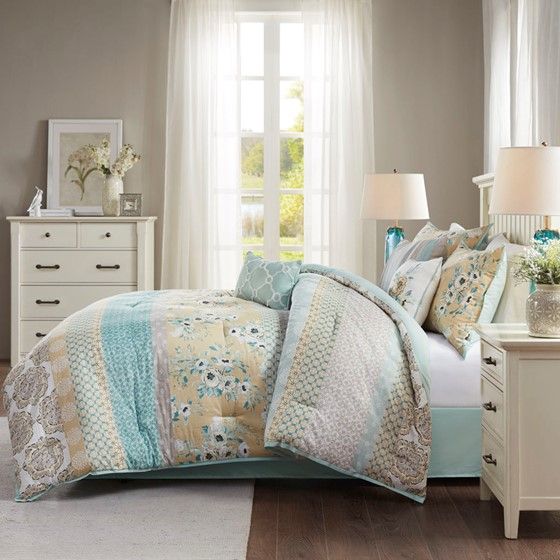 Olliix by Madison Park Willa 7 Piece Green California King Cotton Printed Comforter Set-1
