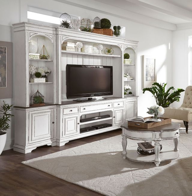 Liberty Furniture Magnolia Manor Antique White Entertainment Center with Piers-1