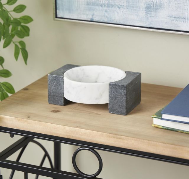 Deco Marche White 8" Geometric Round Tray with Black Rectangular Blocks-3