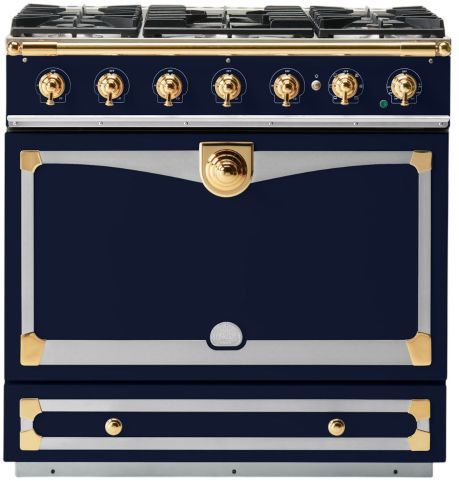 La Cornue CornuFé 90 Albertine 36" Goodwood Blue Pro Style Dual Fuel Range with Polished Brass Trim-0