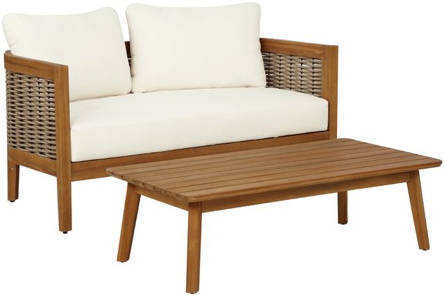 Linon St. Lucia 2-Piece Beige/Brown Acacia/Fabric Outdoor Conversation Set-0