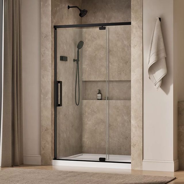 KOHLER Statement™ Matte Black 76" x 42" - 48" Pivot Shower Door with Controlled Close®-1