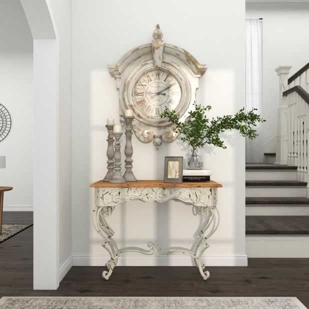 Deco Marche Brown Console Table with Scroll White Base-3