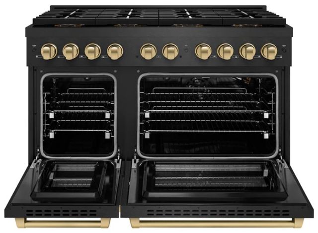 ZLINE Autograph Edition Paramount 48" 6.7 Cu. Ft. Black Satin Stainless Steel Gas Range with 8 Burner DuoPro™ Cooktop and Dual Oven with Champagne Bronze Accent-1