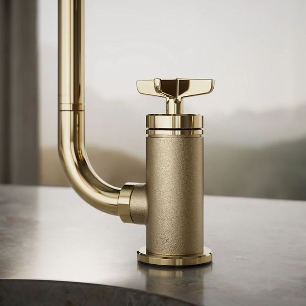 KOHLER® Billet® Vibrant French Gold 16" Single Cross-Handle Bar Sink Faucet with 2-Function Extended-Reach Spout and Side Sprayer-3