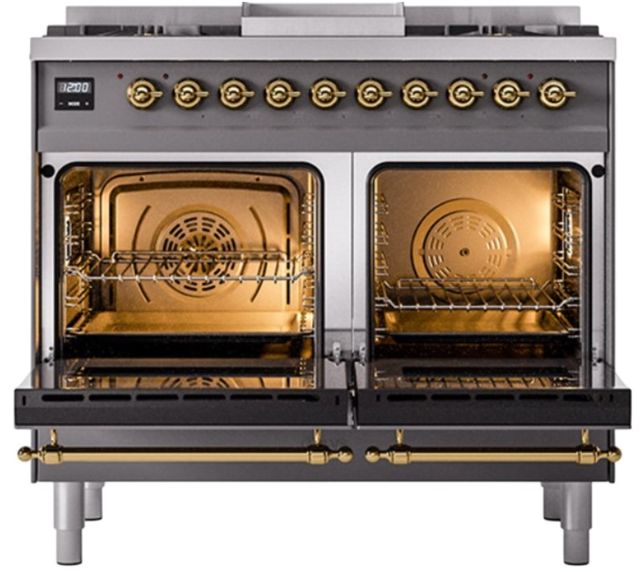 Ilve® Nostalgie II Noblesse 40'' Graphite Matte Pro Style Dual Fuel Range with Brass Trim-1