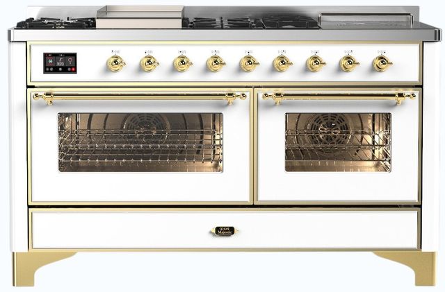 Ilve® Majestic III 60" White Pro Style Dual Fuel Natural Gas Range with French Top and Brass Trim-0
