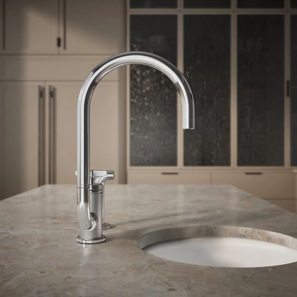 KOHLER® Billet® Polished Chrome 16" Single Cross-Handle Bar Sink Faucet with 2-Function Extended-Reach Spout and Side Sprayer-4