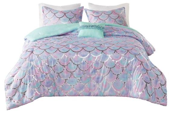 Olliix by Mi Zone Pearl Aqua and Purple Full/Queen Metallic Printed Reversible Comforter Set-0
