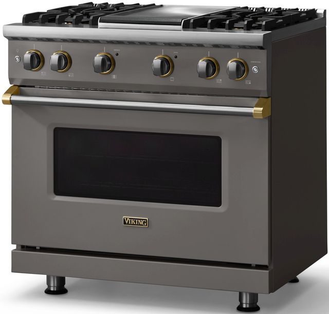 Viking® 5 Series 36" Damascus Gray Pro Style Gas (NG) Range with Brushed Brass Trim-2