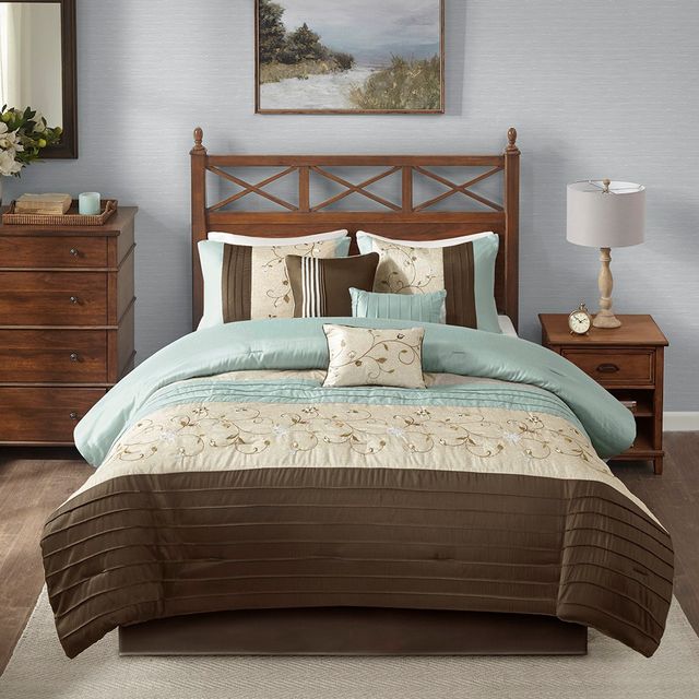 Olliix by Madison Park Serene 7 Piece Blue Queen Embroidered Comforter Set-2