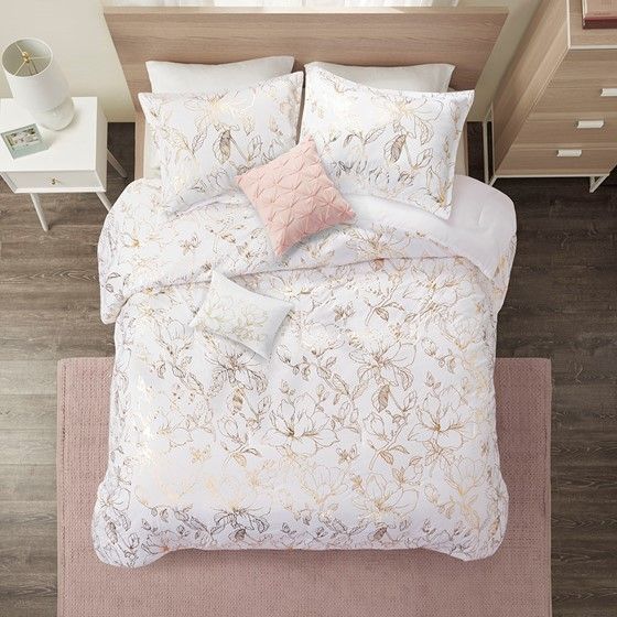 Olliix by Intelligent Design Magnolia Gold Twin/Twin Extra Large Metallic Printed Floral Comforter Set-3