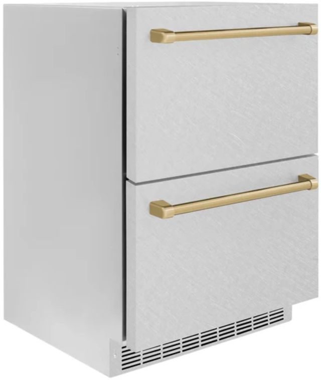 ZLINE Autograph Edition 24" Touchstone 168 Can Outdoor-Rated Dual Refrigerator Drawer with Satin Stainless Steel Doors and Champagne Bronze Handles-1